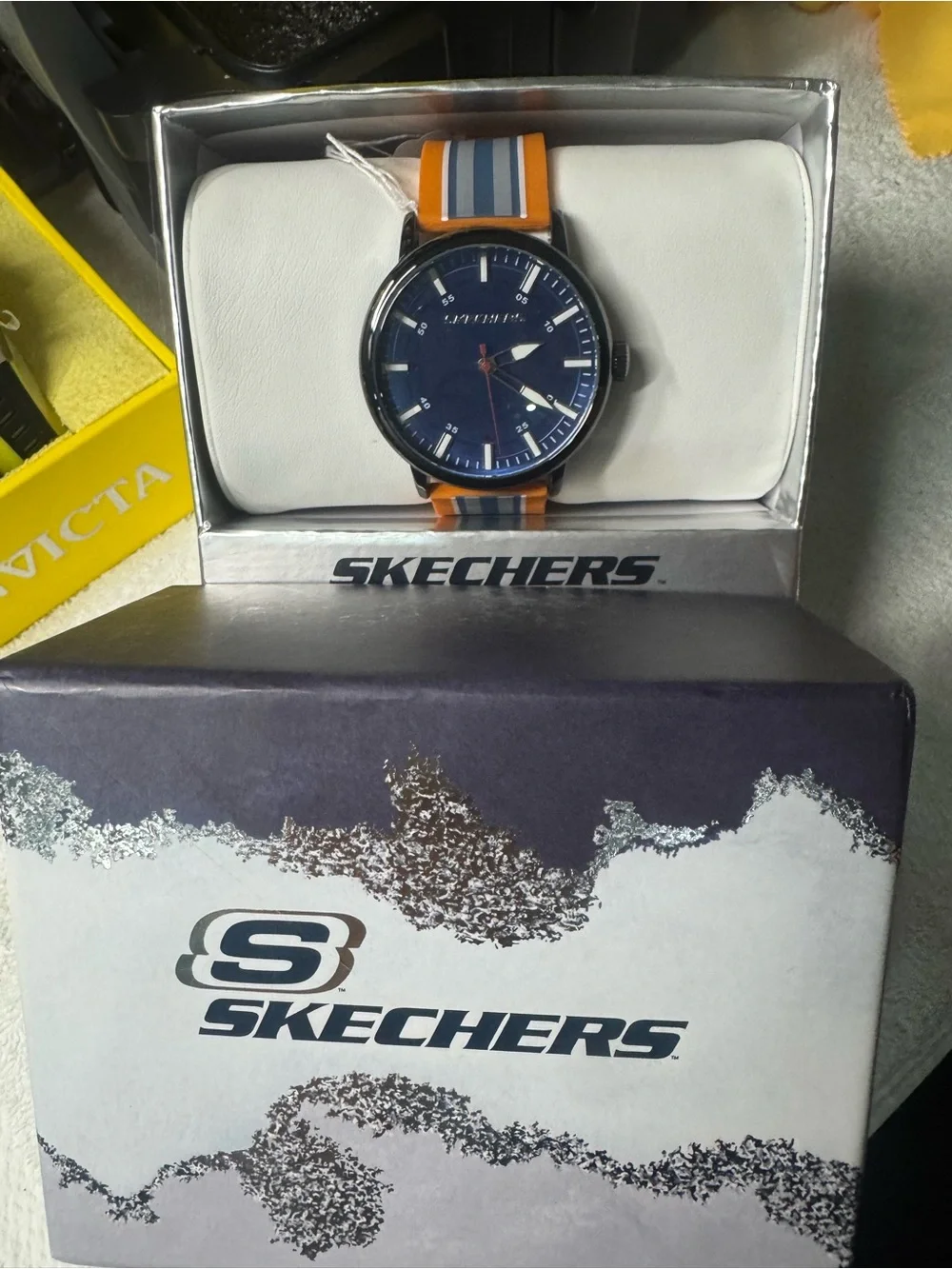 Skechers Blue Dial Orange Silicone Strap Watch with Stripe Accent